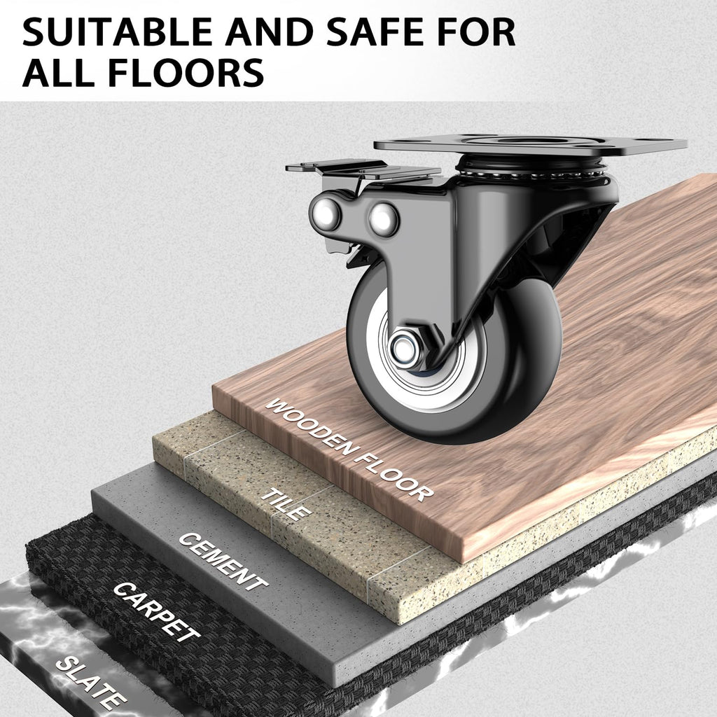2 Inch Caster Wheels Set of 4, Heavy Duty Casters with Brake, No Noise Locking Swivel Casters with Polyurethane (PU) Wheels, Caster Wheel for Cart, Furniture and Workbench (Two Hardware Include)
