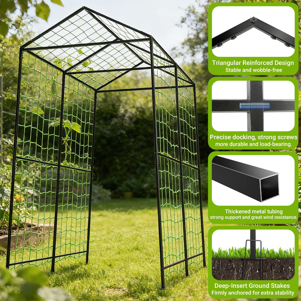 Metal Garden Arch Trellis for Climbing Plants Outdoor, 7.1FT Extra Tall Cucumber Trellis for Raised Bed, Plant Trellis for Vegetable Fruit Flower Vine（Black）