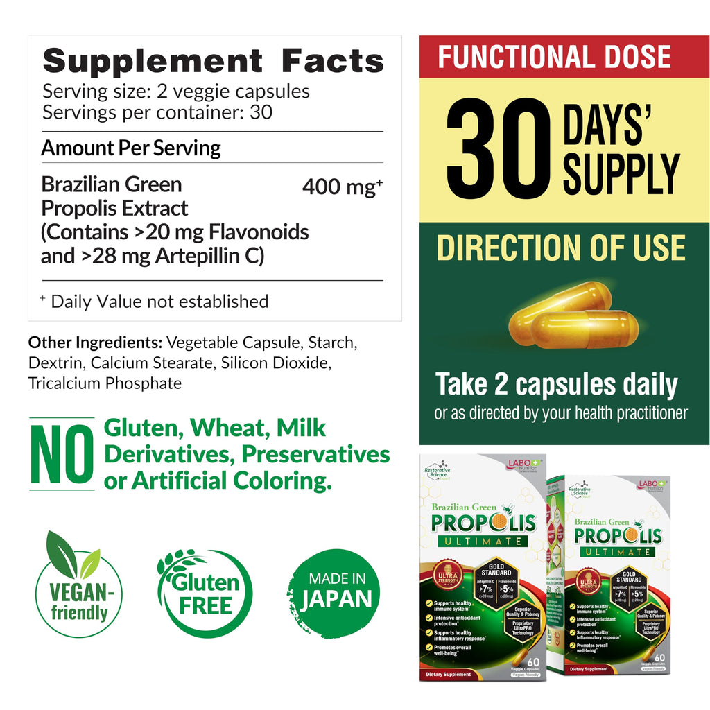 LABO Nutrition Brazilian Green Propolis Ultimate - Contains >7% or 28mg per Serving Artepillin C & >5% Flavonoids, for Immune & Brain Support, Natural, High Concentrate & Premium, 60 Veg Capsules