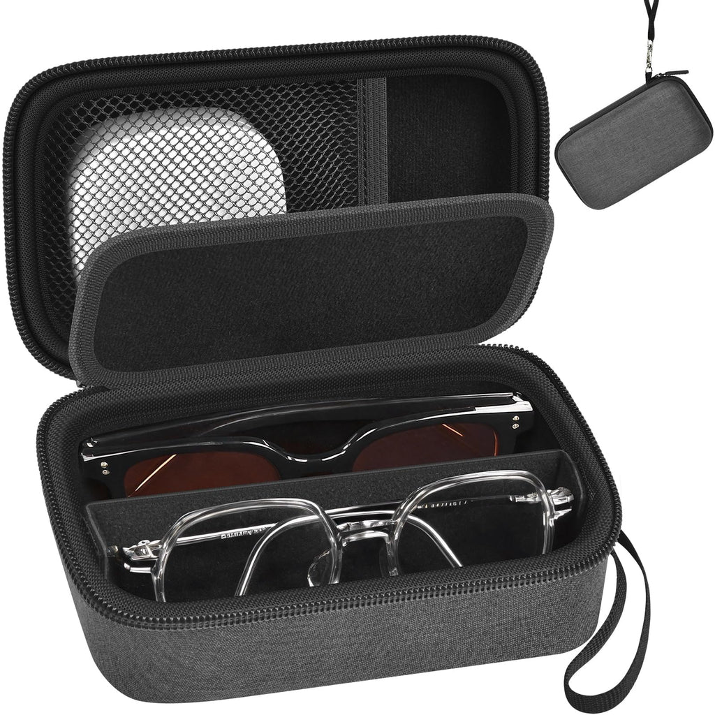 GWCASE Travel Glasses Organizer & Contact Lens Case - Adjustable Slots, Built-in Mirror, Tweezers, Solution Bottle & Hand Strap, Universal Fits Eyelasses/Sunglasses for Men & Women – Black