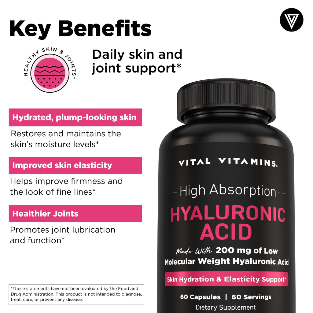 Vital Vitamins Hyaluronic Acid Supplements - Made with 200mg of Low Molecular Weight Hyaluronic Acid - Supports Skin Hydration & Elasticity from Within - 60 Capsules, 60 Servings