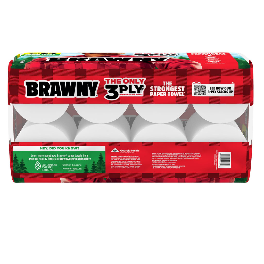 Brawny Tear-A-Square 3-Ply Paper Towels, 8 Triple Rolls = 24 Regular Rolls
