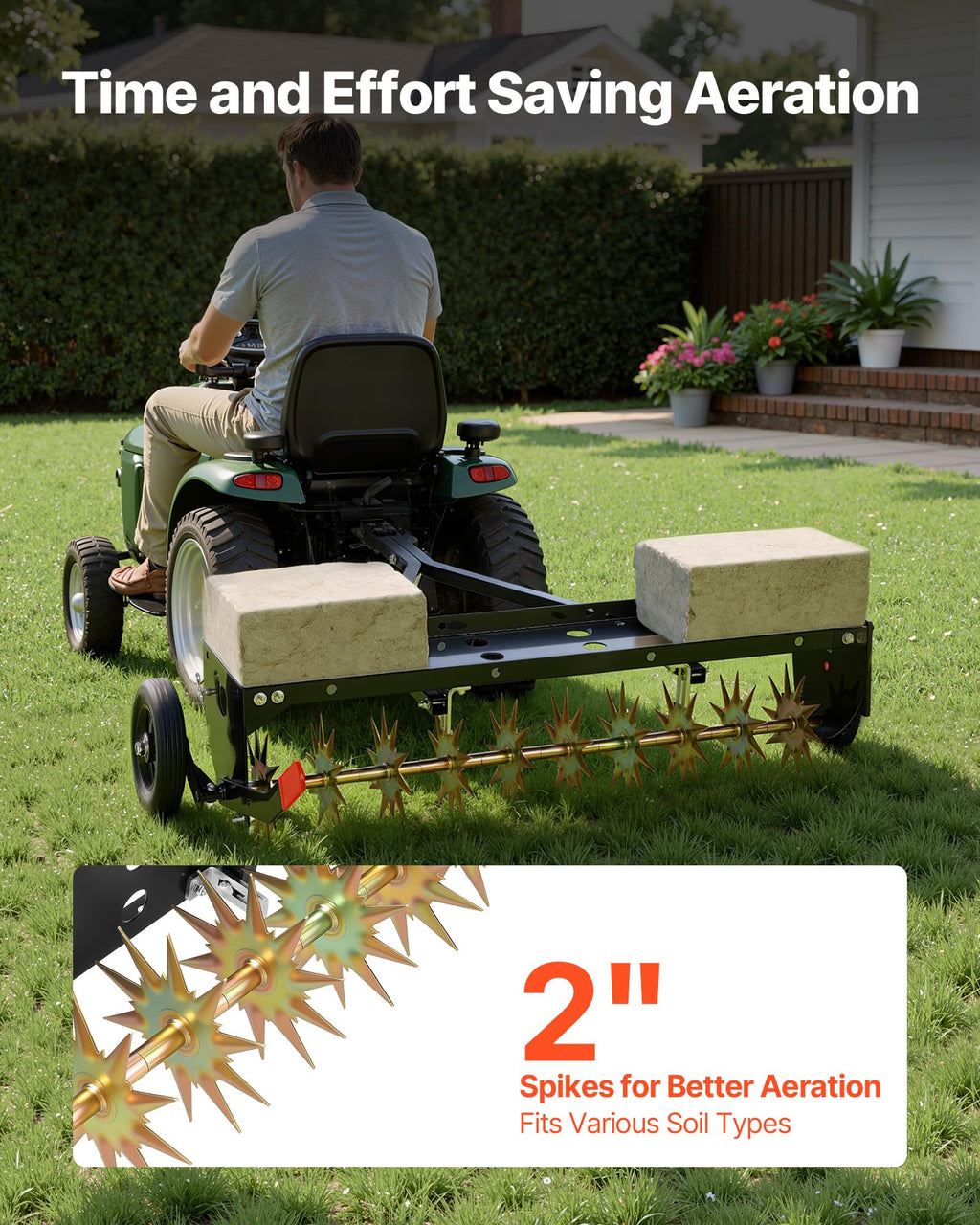 VEVOR Tow Behind Plug Aerator, 40 in Lawn Spike Aerator with Universal Hitch, 150lbs Weight Capacity, Heavy Duty & Rust-Resistant, Pull Behind Aeration Tool with Tray for Farmland & Garden Tractors
