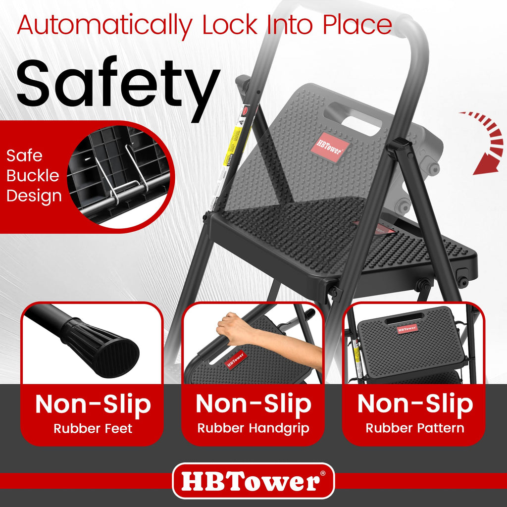 HBTower Step Ladder, 4 Step Ladder Folding Step Stool with Wide Anti-Slip Pedal, Lightweight Ladders for Home, Black