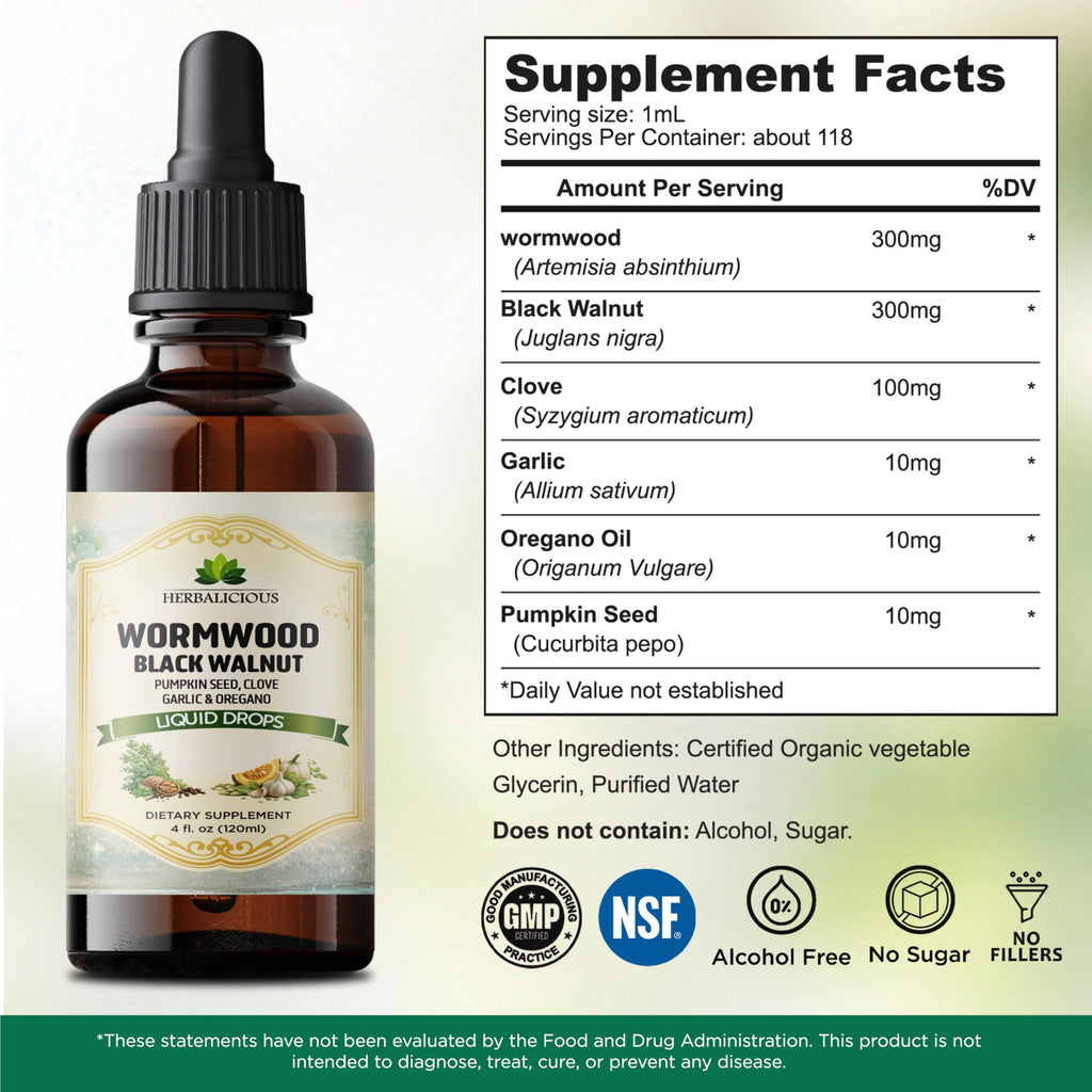 HEBRALICIOUS Wormwood Black Walnut Clove Parasite Cleanse – Herbal Liquid Drops with Pumpkin Seed, Garlic & Oregano Oil – Alcohol-Free Tincture Supplement, 4 fl oz (120 ml)