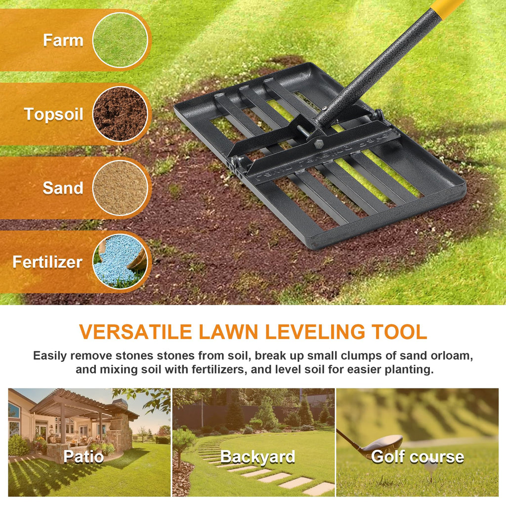 Lawn Leveling Rake, 60 inch 27"x10" Levelawn Tool, Heavy Duty Effort Saving Lawn Level Tool, Stainless Steel Handle Lawn Leveler for Yard Garden Golf Course, Ease Level Soil Sand Dirt Surfaces