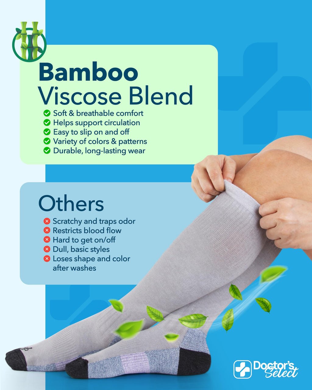 Doctor's Select® Bamboo Viscose Light Compression Socks for Women & Men - 3 Pairs, Knee High Comfort and Support, 8-15 mmHg Compression Socks Women, Gray, Blue, Rose
