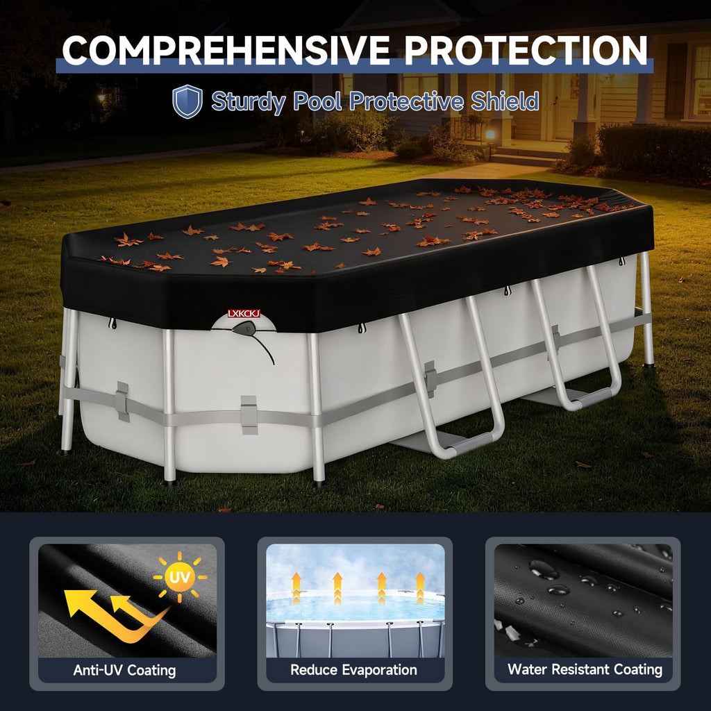 LXKCKJ 8x14 FT Rectangular Pool Cover for Above Ground Pool, Solar Oval Pool Cover Protector, Winter Pool Cover with Accessories Set Ideal for Cold and UV Resistant, Dustproof (Black)