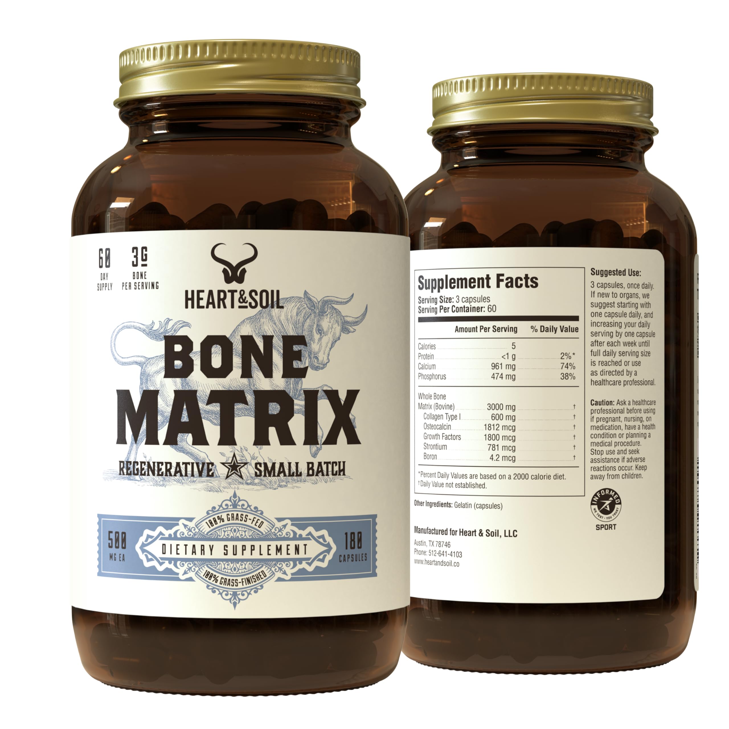 HEART & SOIL Grass Fed Bone Matrix — Supports Bone and Joint Health, Strength, and Flexibility (180 Capsules)