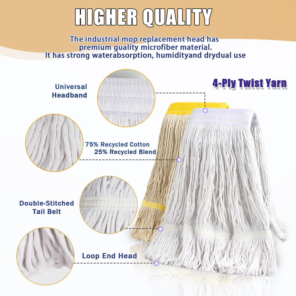 Commercial Mop Heavy Duty Industrial Mop with 2 Extra20oz Large Replacement Heads,60" Long Handle Heavy Duty Industrial Mops for Hardwood Wood Tile Vinyl - Reusable Cotton Head for Floor Cleaning