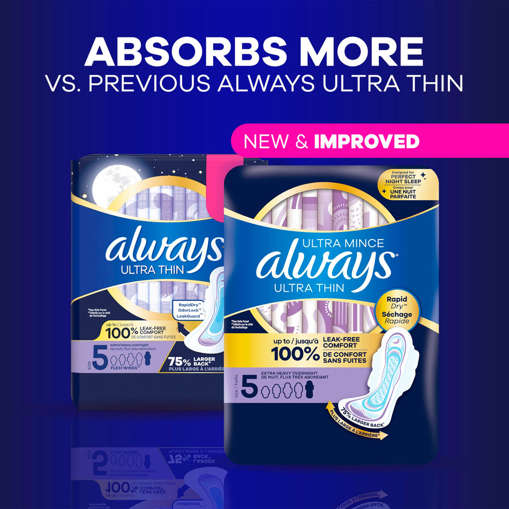 Always Ultra Thin Overnight Pads, Size 5, Extra Heavy Overnight, Unscented, 92 Count (4 Packs of 46)