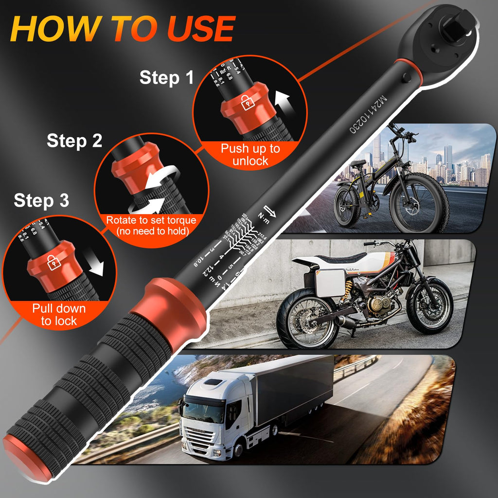 Upgraded Torque Wrench Set 8PCS, 1/4 3/8 1/2 inch Drive Click Torque Wrench, 10-230in.lb, 5-50ft.lb, 10-180ft.lb, 72-Tooth Dual Scale, ±3% Accuracy, 5 Adapters, for Bike, Moto, Car Repair and Maint