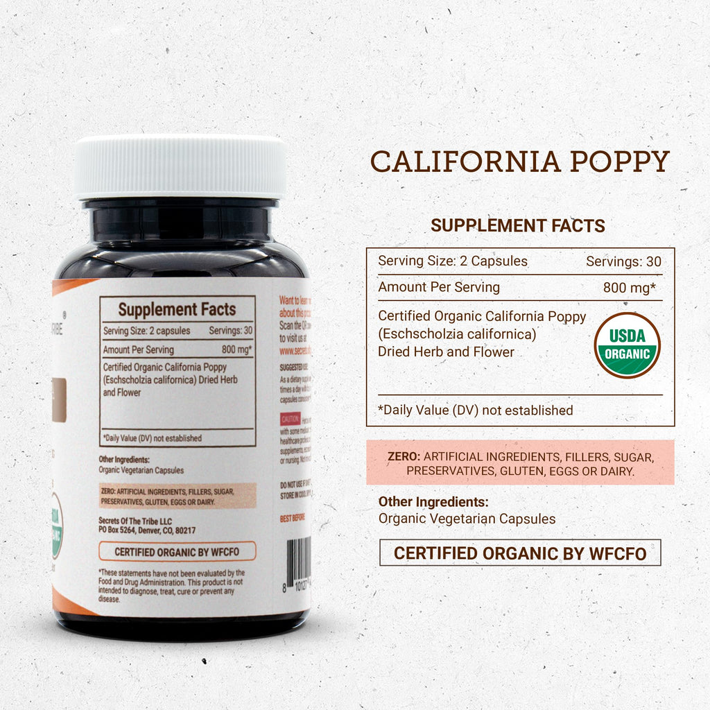 Secrets of the Tribe California Poppy USDA Organic 60 Capsules | Made with Vegetarian Capsules and Certified Organic California Poppy (Eschscholzia Californica) Dried Herb and Flower (60 Capsules)