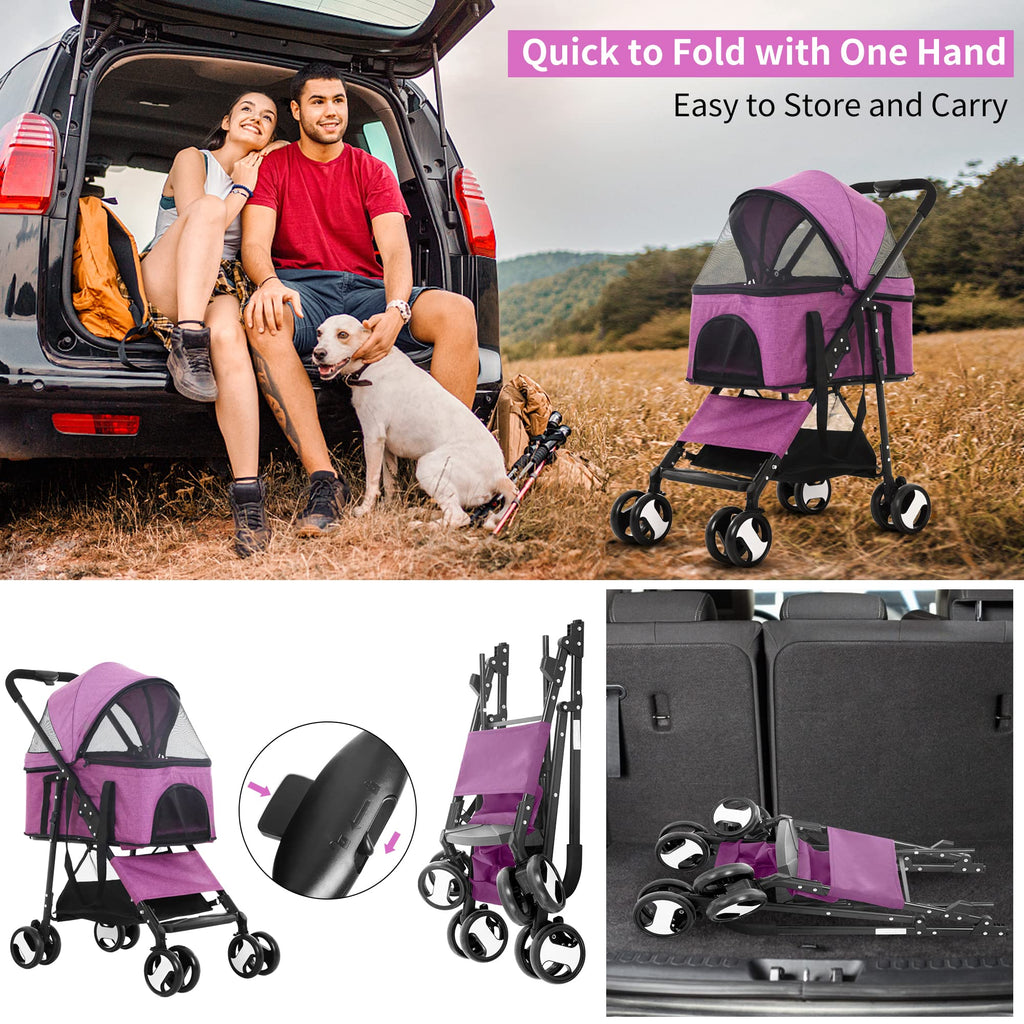 BLKMTY Dog Stroller 3-in-1 Folding Pet Strollers 4 Wheels Cat Stroller w/Storage Basket Dog Carrier Trolley One-Button Switch Travel Strollers with Safety Belt Detachable Carrier, Purple