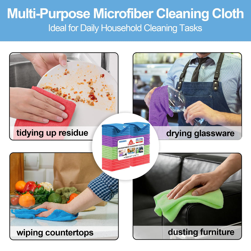 HOMERHYME Microfiber Cleaning Cloth, 52 Pack Cleaning Rags,12" X 11" Lint Free Dish Towels Wash Cloths, Reusable Microfiber Towels for Home and Kitchen Bathroom Apartment Cleaning Supplies, Assorted