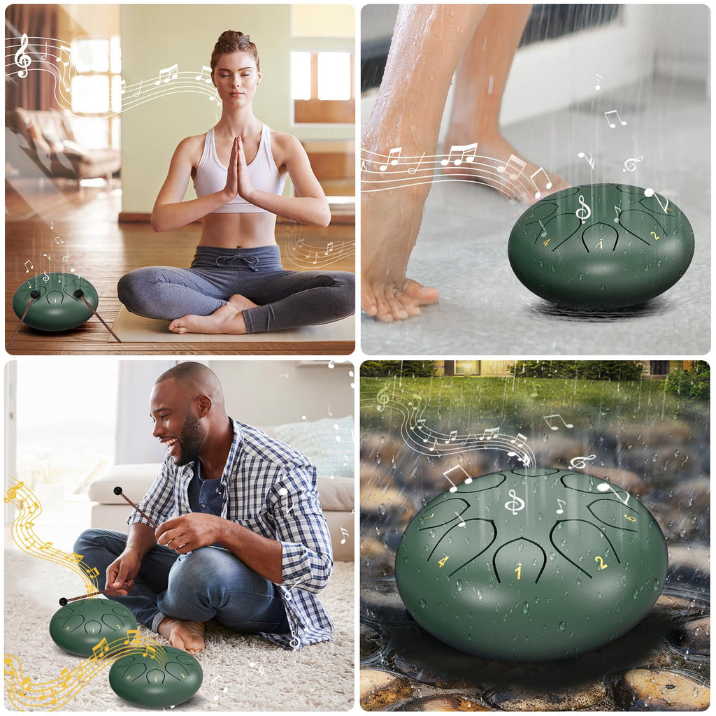 Rain Drum for Outside Garden, 6 Inches 8 Notes Steel Tongue Chakra Drums, Waterproof Meditation Rain Chime, Musical Instruments for Adult Gift with Bag, Music Book, Drum Mallets (Green)