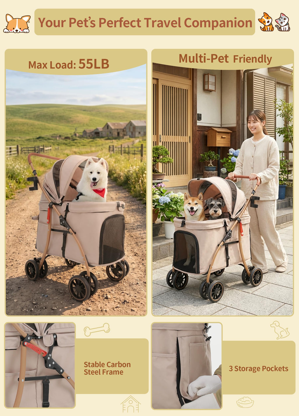 MILA&LOUIS Low-Profile Large Space Pet Stroller for Medium & Small Dogs, Suitable for Multi-Pet and Senior Dogs, 55lbs Max Load, 360° Swivel Front Wheels, One-Touch Foldable Design with Rear Brake
