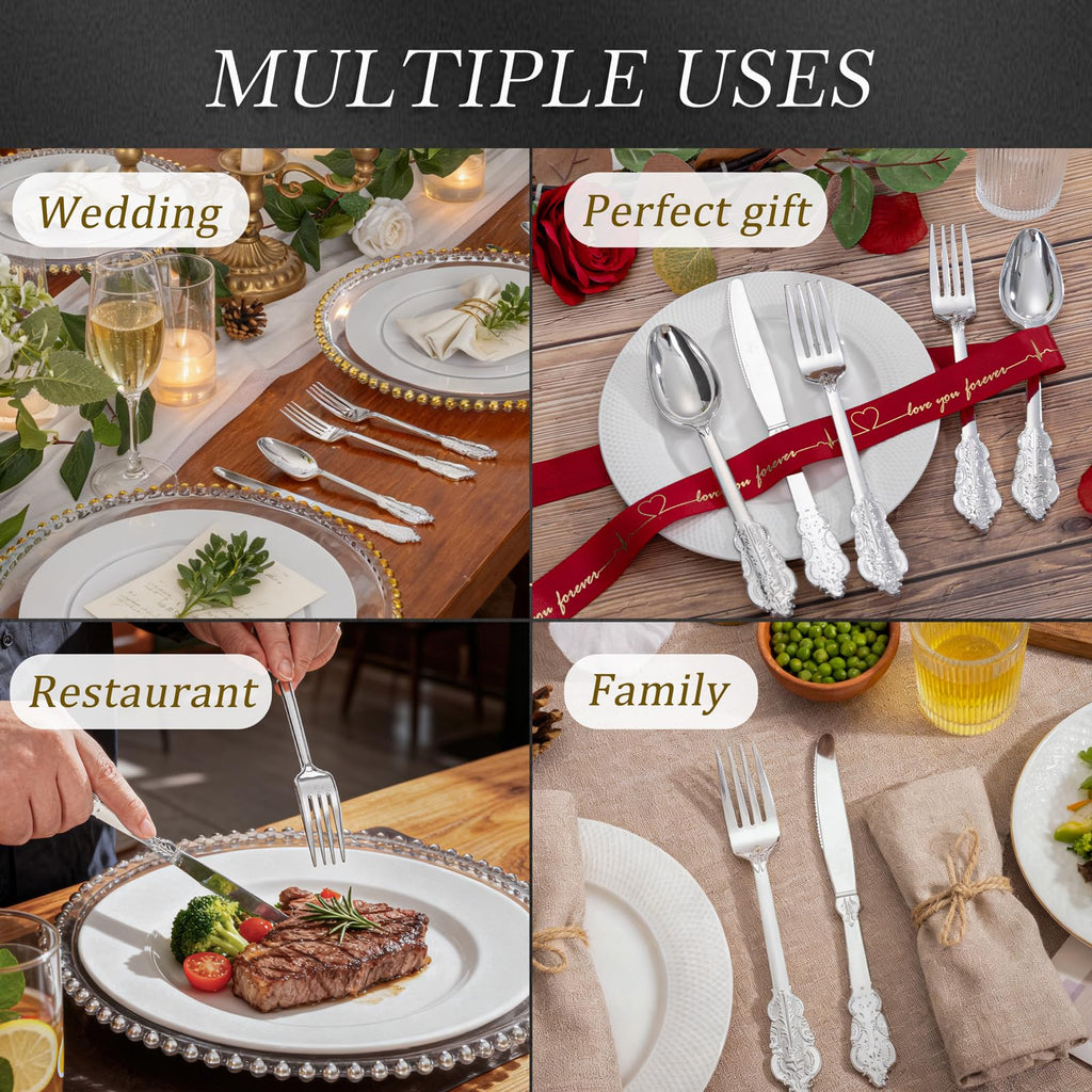 WDF 360 Pieces Silver Plastic Silverware- Disposable Flatware - Heavyweight Plastic Cutlery- Includes 120 Forks, 120 Spoons, 120 Knives for Christmas