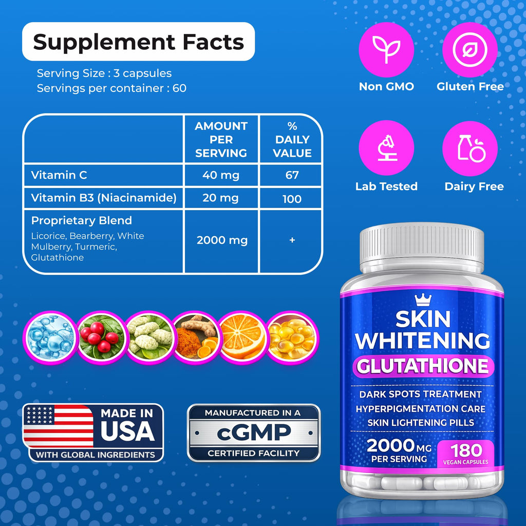 Glutathione Whitening Pills - 180 Capsules 2000mg Glutathione - Effective Skin Lightening Supplement - Dark Spots, Melasma & Acne Scar Remover, Hyperpigmentation Treatment - Anti-Aging Antioxidant