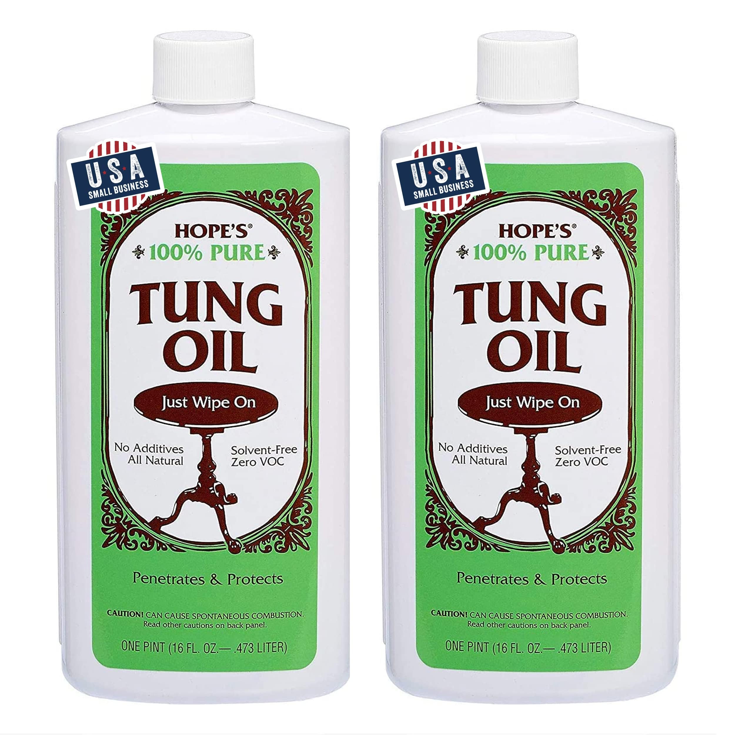 HOPE'S 100% Pure Tung Oil, Food Safe, Premium Waterproof Natural Wood Finish and Sealer for Indoor and Outdoor Projects,16 Fl Oz, 2 Pack