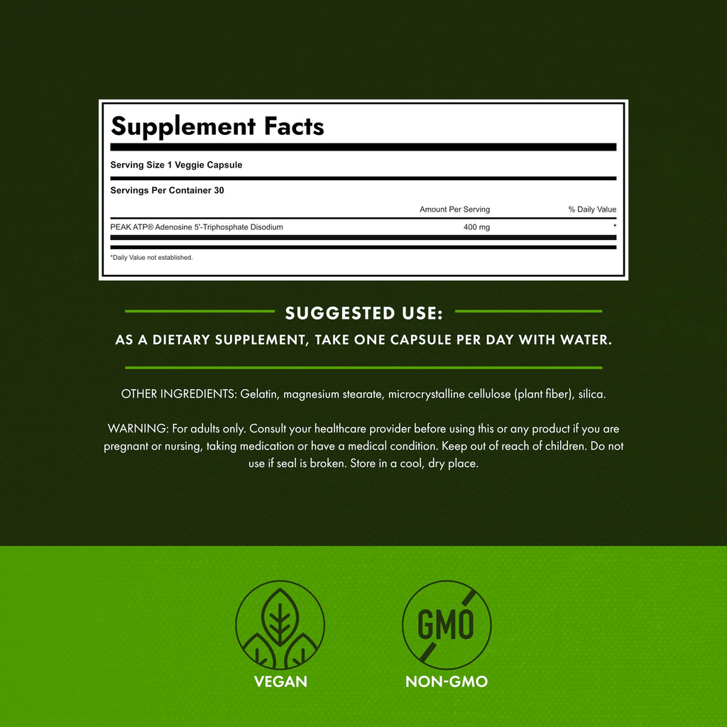Swanson Maximum Strength Peak ATP Cellular Energy Supplement for Athletes and Active Adults Seeking Performance and Recovery Support - 400 mg (30 Veggie Capsules)