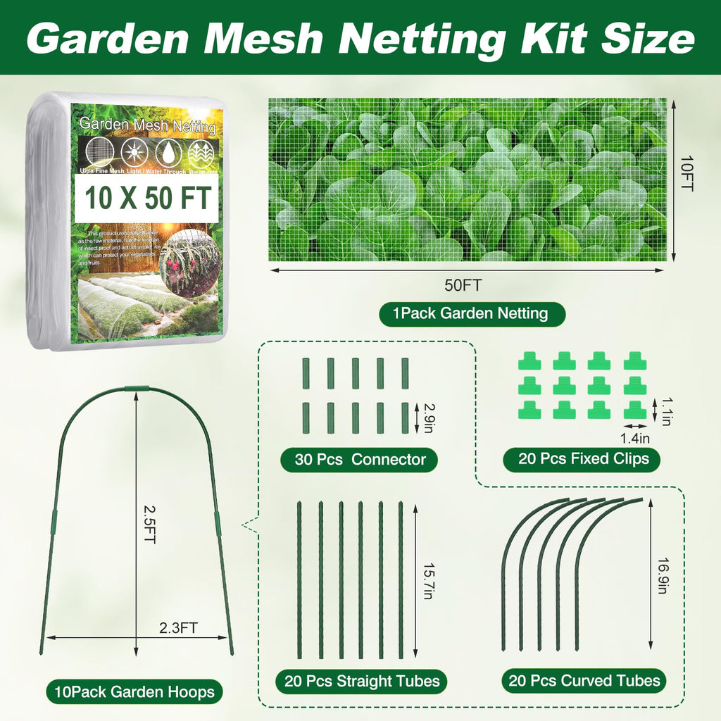 Fippy Garden Netting Kit, 10 X 50FT Garden Netting Pest Barrier with 10 Sets Garden Hoops and 20pcs Clips, Insect Netting Row Cover for Raised Beds Vegetable Fruits Flowers Protection