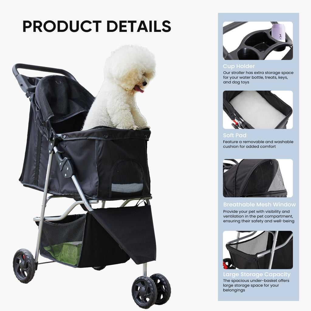 NEWBULIG Pet Stroller for Dogs, Cats Stroller with 3 Wheel, Foldable, Lightweight and Durable, Ideal for Small to Medium Pets, Includes Storage Basket and Cup Holders, Black