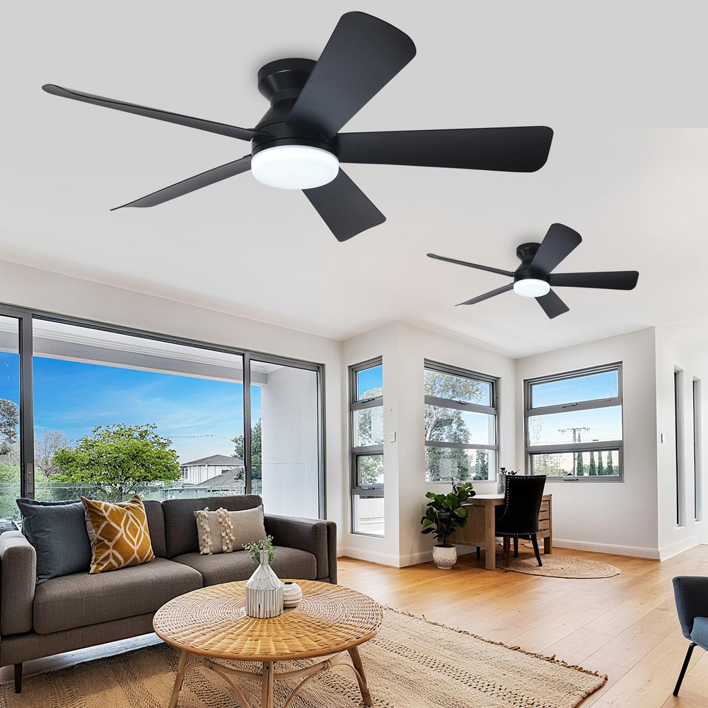 Depuley 42-Inch Ceiling Fans with Lights: Indoor/Outdoor Flush Mount Ceiling Fan with Remote Control - Black 5 Blade Low Profile Fandelier for Kitchen Gazebo - Reversible Quiet Timer - 2 Packs