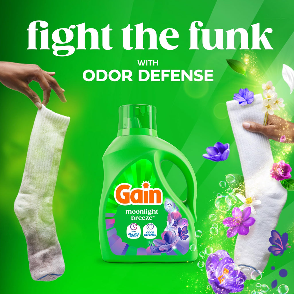 Gain Liquid Laundry Detergent, Now with Odor Defense, Moonlight Breeze Scent, 132 fl oz, 100 Loads (Packaging May Vary)
