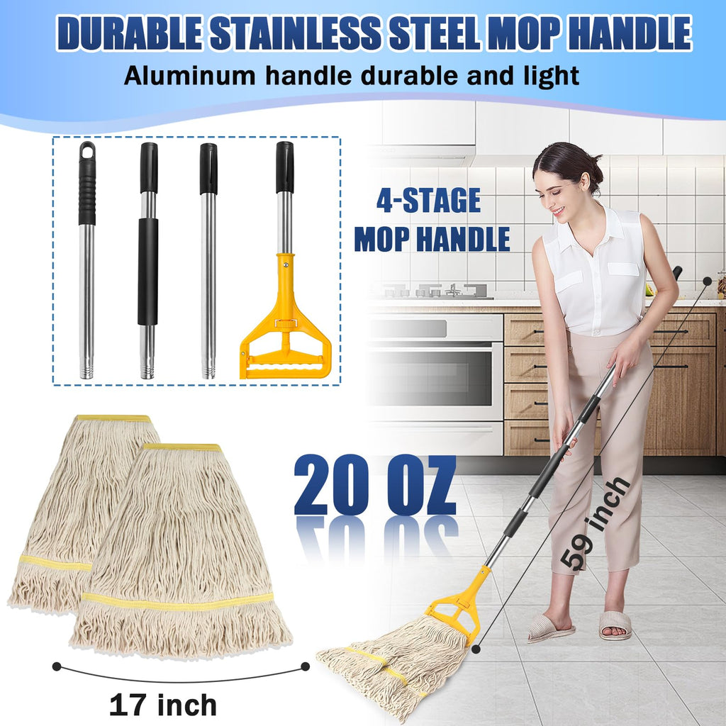2 Pack 20ozCommercial Mop Heavy Duty Industril Cotton Mop, Cotton Commerical Industrial Grade Mop Replacements Heads for Home,mops for Floor Cleaning Heavy Duty,with 63'' Stainless Steel Mop Handle