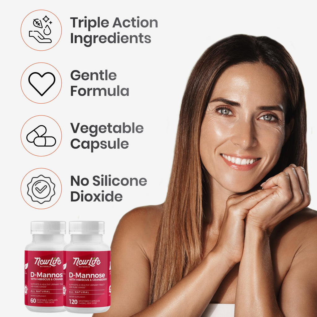 NewLife Naturals D-Mannose Capsules | w/Cranberry and Hibiscus Extracts | Natural Urinary Tract Health Supplement | 1400mg Pure Veggie Powder | 120 Veggie Capsules