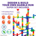 Marble Genius Marble Run - 150 Complete Pieces Maze Track Toys for Adults, Teens, Toddlers & Kids Aged 4-8 Years Old, (85 Translucent Marbulous Pieces + 65 Glass-Marble Set), Super Set
