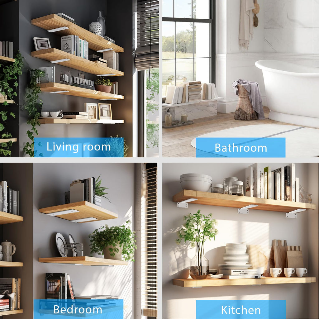 Shelf Brackets, Heavy Duty Floating Shelf Brackets 10-Inch Long, 6-Pack Brackets for Shelves, Matte White L Hidden Metal Wall Shelf Support Shelving Brackets, 1/5-Inch Thick 160 lb. Load Capacity