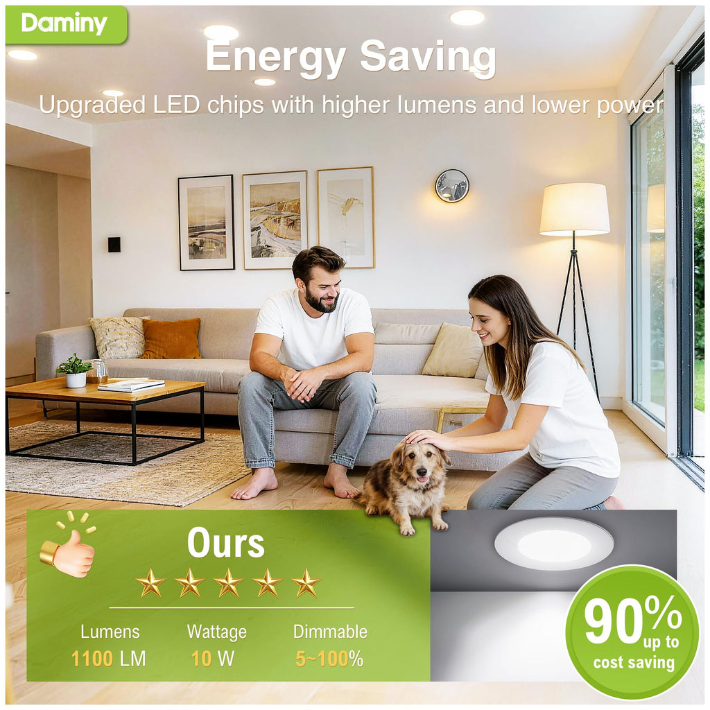 DAMINY 12 Pack 6 Inch LED Recessed Lighting with Junction Box,5CCT,Ultra-Thin Recessed Light,10W 1100LM, Dimmable Canless Wafer Ceiling Light, High Brightness