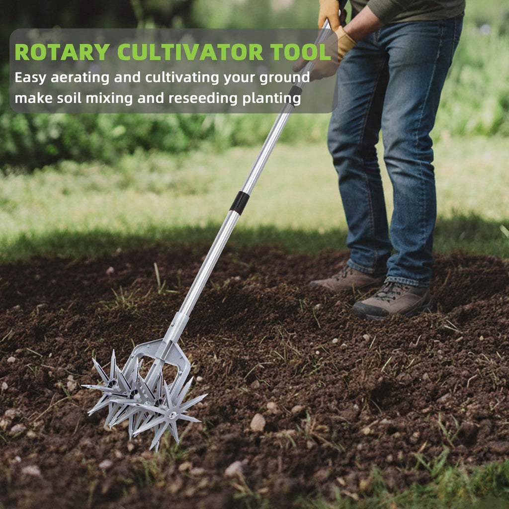 KLDOLLAR Rotary Cultivator, Hand Tiller Garden Tool with Sturdy Metal Tines