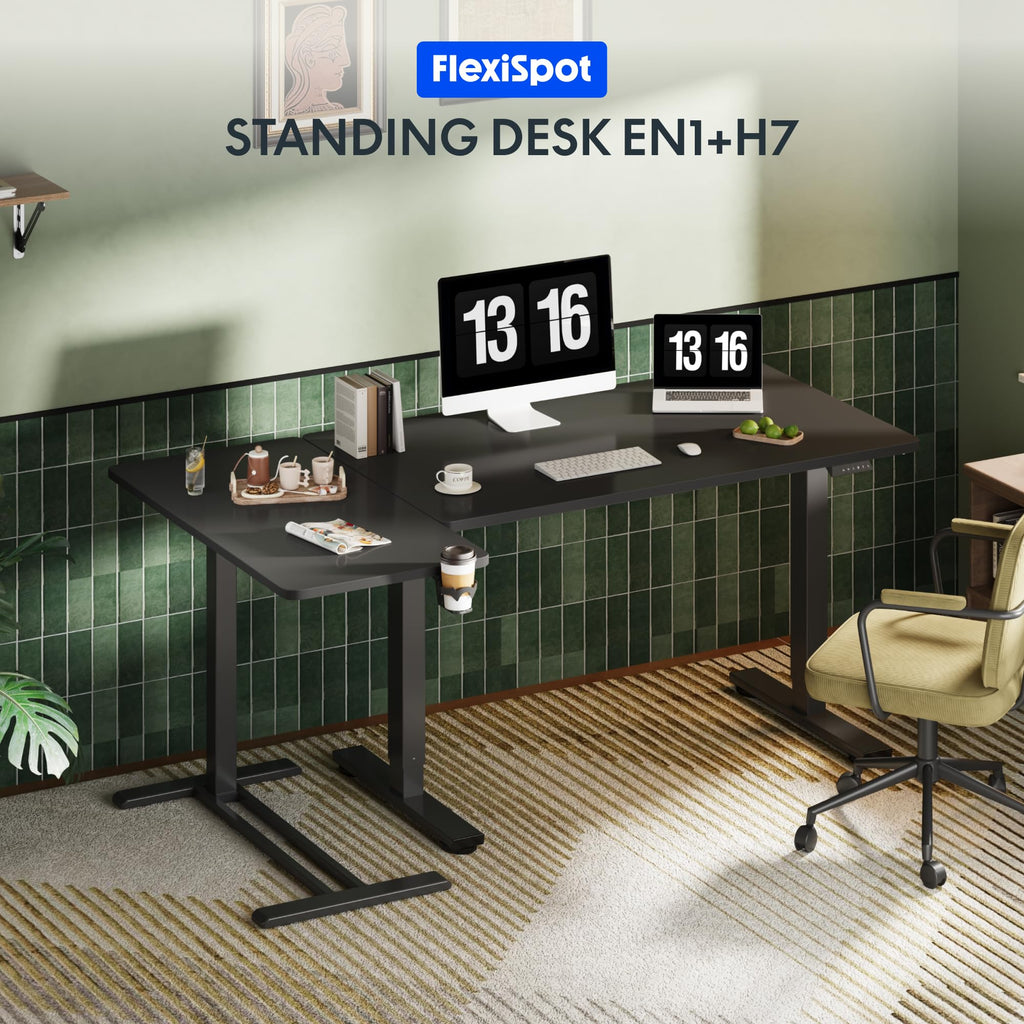 FLEXISPOT H7 Adjustable Overbed Bedside Table with Wheels Pneumatic Mobile Standing Desk Laptop Desk Rolling Computer Cart Movable Overbed Table Hospital Home Use(31.5" W x 17.7" D, Black Large)