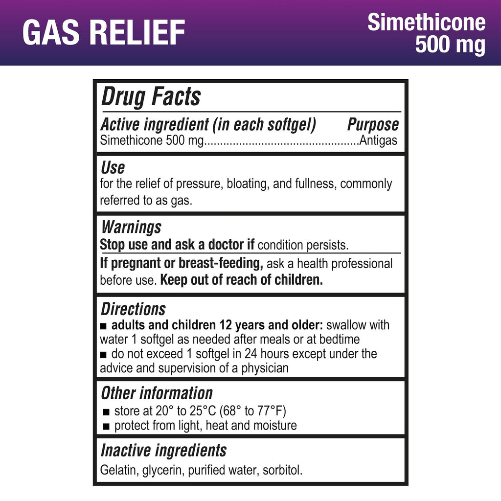 Puregen Labs Gas Relief Softgels with Simethicone 500 mg, Dye Free Formula, Fast Relief from Gas, Bloating & Pressure - 100 Softgels
