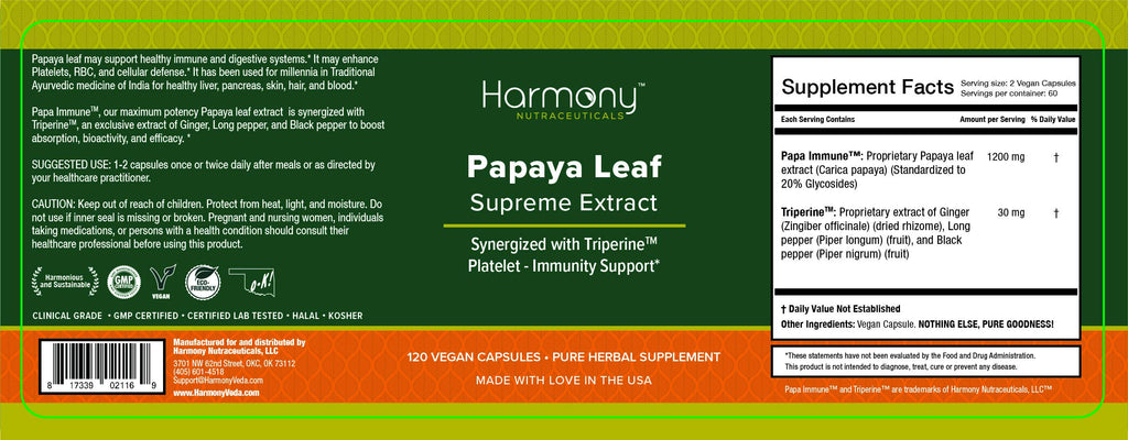 Harmony Nutraceuticals Papaya Leaf Supreme Extract Highest Potency Maximum Bioactivity Organic Dr. Gumman's Clinical Grade 120 Vegan Capsules Synergized with Triperine