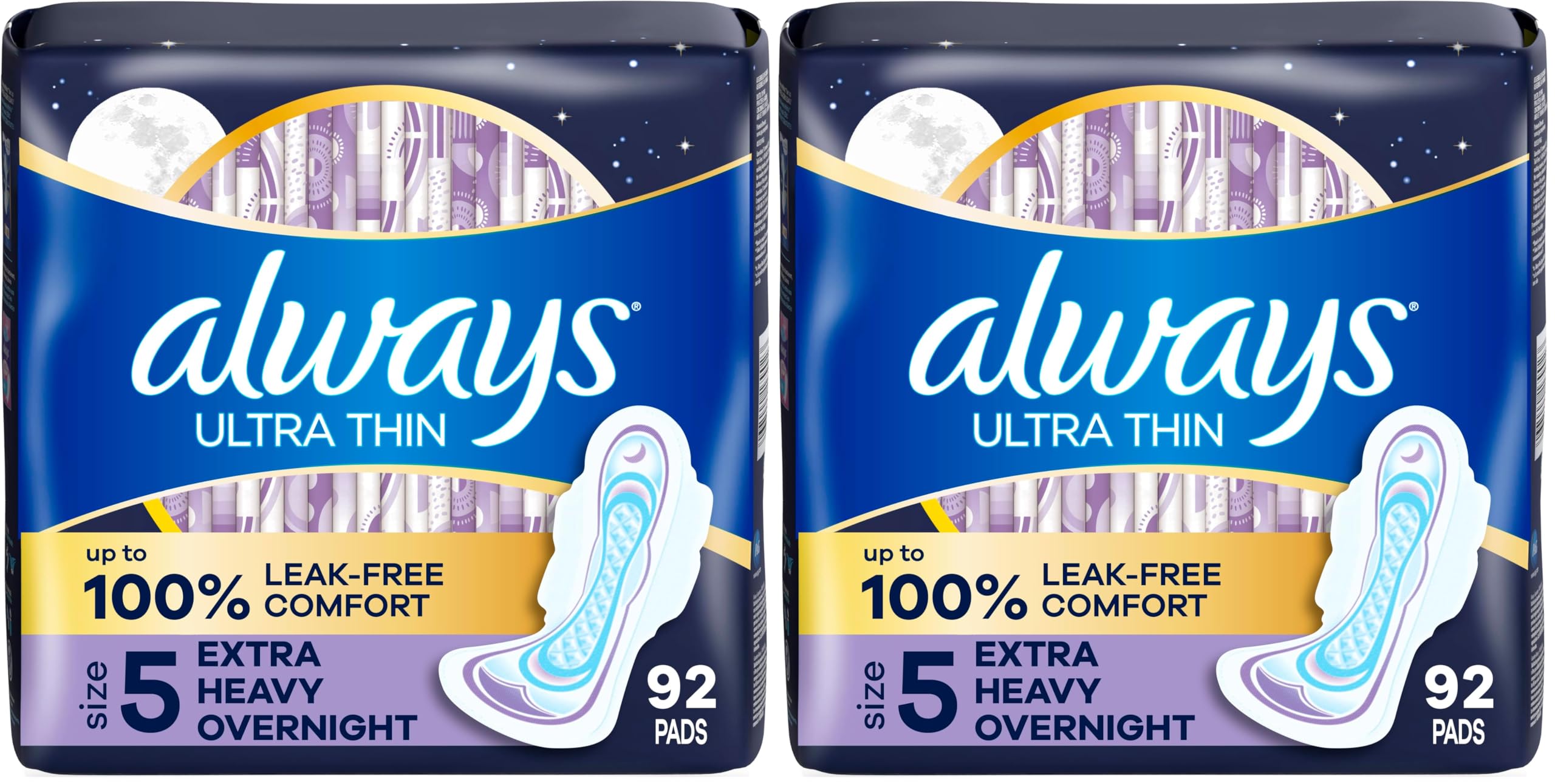Always Ultra Thin Overnight Pads, Size 5, Extra Heavy Overnight, Unscented, 92 Count (4 Packs of 46)