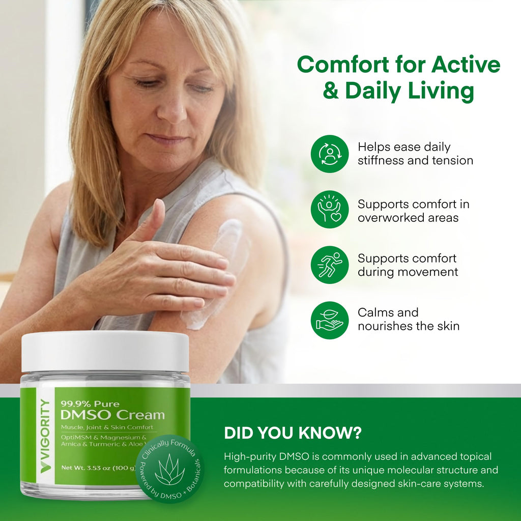 Vigority DMSO Cream 99.9% Pure for Topical Joint, Muscle Comfort - DMSO Pharmaceutical Grade Cream with Arnica, Magnesium, Turmeric, OptiMSM, Aloe Vera 3.53oz