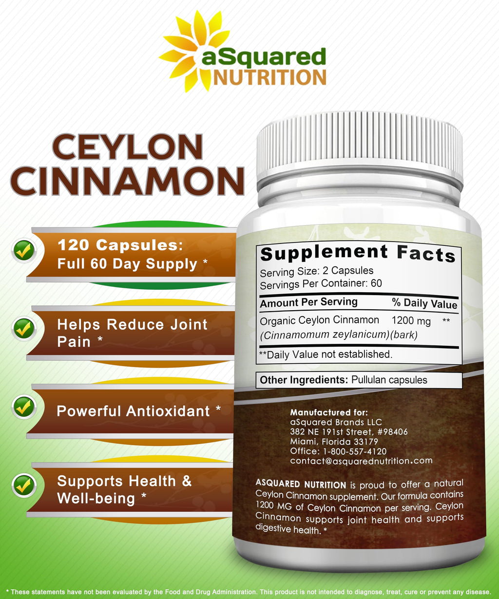 Natural Ceylon Cinnamon 1200mg - 120 Capsules, True Cinnamon from Sri Lanka, Extract Supplement Pills Promotes Heart Health
