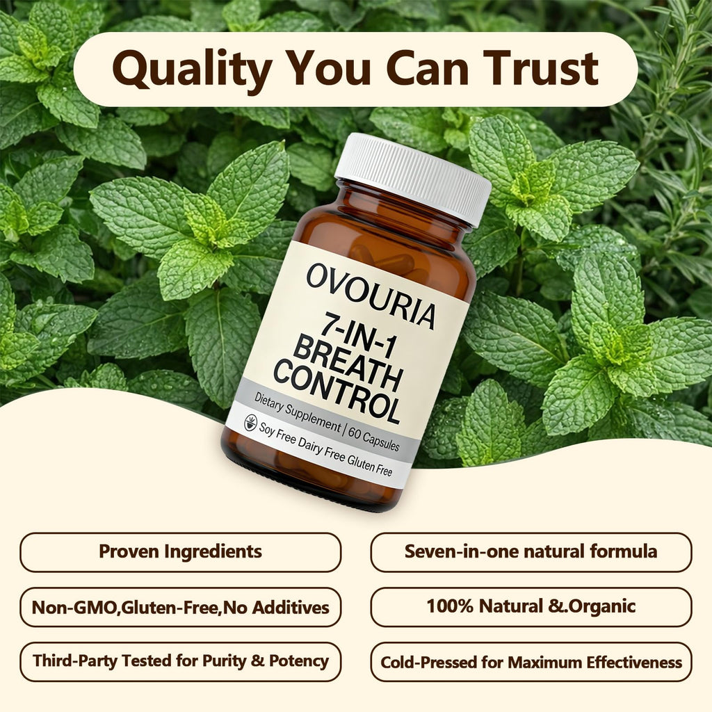 Zefdvc Ovouria Breath and Gut Balance - 7-in-1 Breath Control, Targets Bad Breath at The Gut Root, Natural Ingredients with Probiotics, Vegan Gluten-Free, 60 Capsules(1pc)