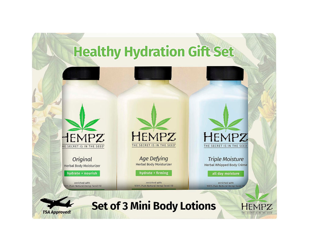 Hempz Healthy Hydration Triple Moisture, Age Defying, & Original (2.25 Oz, 3-Pack) Body Moisturizing Lotion Gift Set – Mini Scented Travel Cream Skin Care for Women & Men, Made with Shea Butter