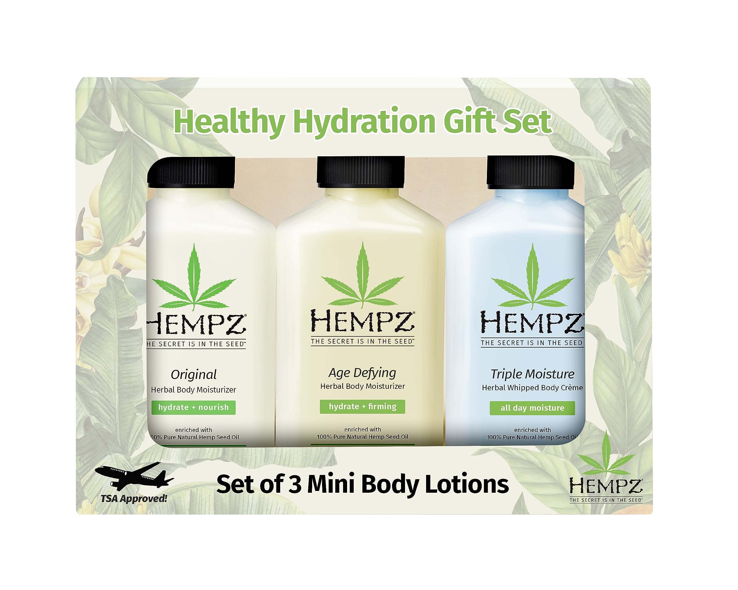 Hempz Healthy Hydration Triple Moisture, Age Defying, & Original (2.25 Oz, 3-Pack) Body Moisturizing Lotion Gift Set – Mini Scented Travel Cream Skin Care for Women & Men, Made with Shea Butter