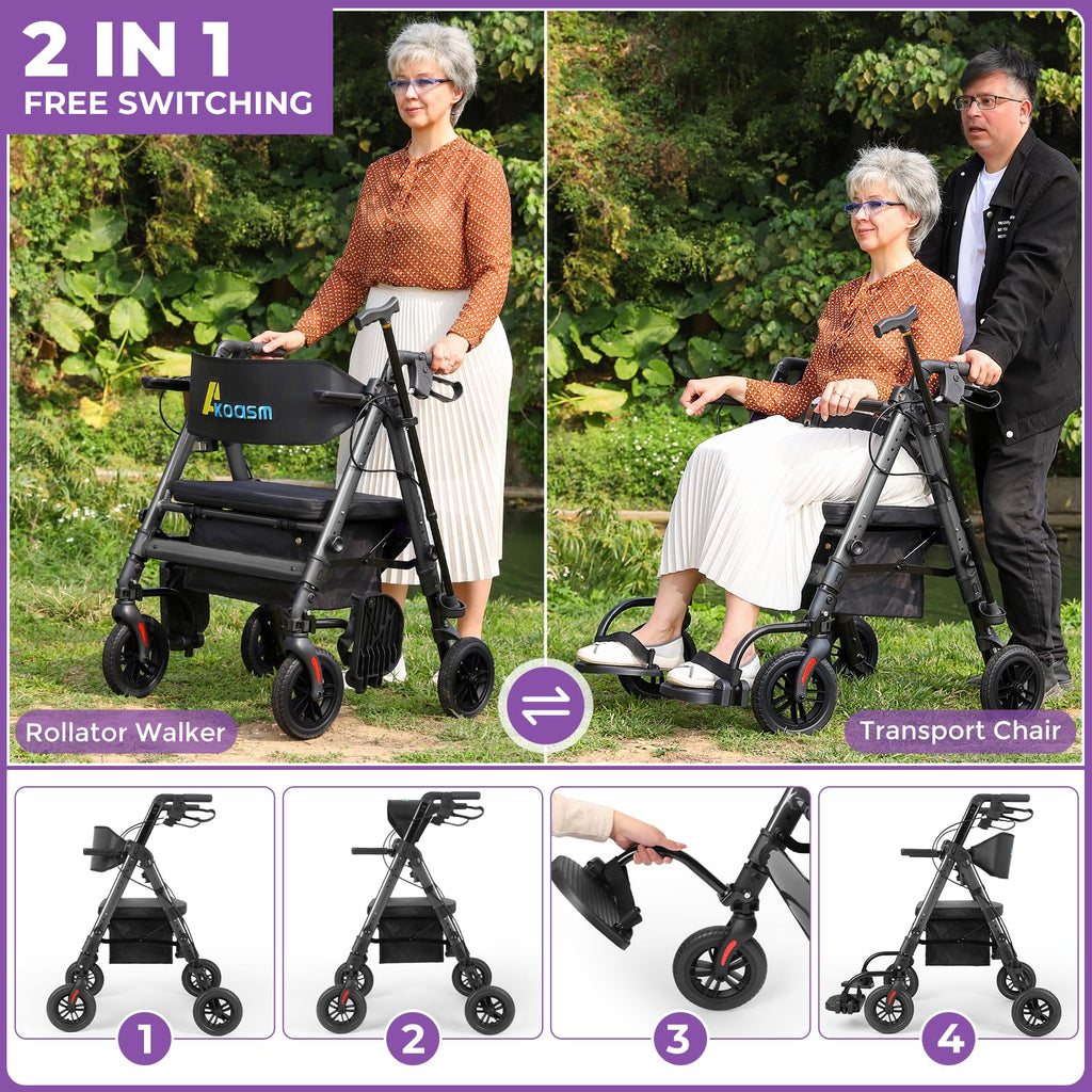 Heavy Duty Rollator Walker for Seniors with Seat, Foldable 2 in 1 Rolling Walkers Wheelchair Combo for Adult, All Terrain Wheels, Adjustable Transport Chair with Brake, 450 lb. Weight Capacity, Grey