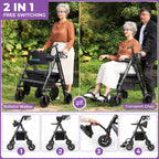 Heavy Duty Rollator Walker for Seniors with Seat, Foldable 2 in 1 Rolling Walkers Wheelchair Combo for Adult, All Terrain Wheels, Adjustable Transport Chair with Brake, 450 lb. Weight Capacity, Grey