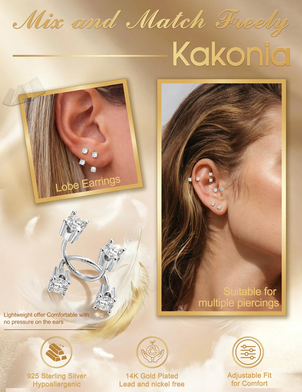 Kakonia S925 Sterling Silver Double Half Huggie Earrings for Women S CZ