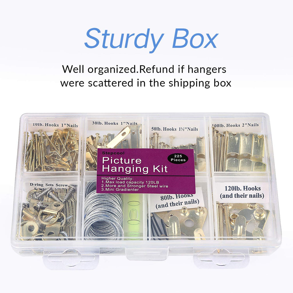 Picture Hangers, Picture Hanging Kit, 225pcs Heavy Duty Frame Hooks Hardware with Nails, Hanging Wire, Screw Eyes, D Ring and Sawtooth for Wall Mounting