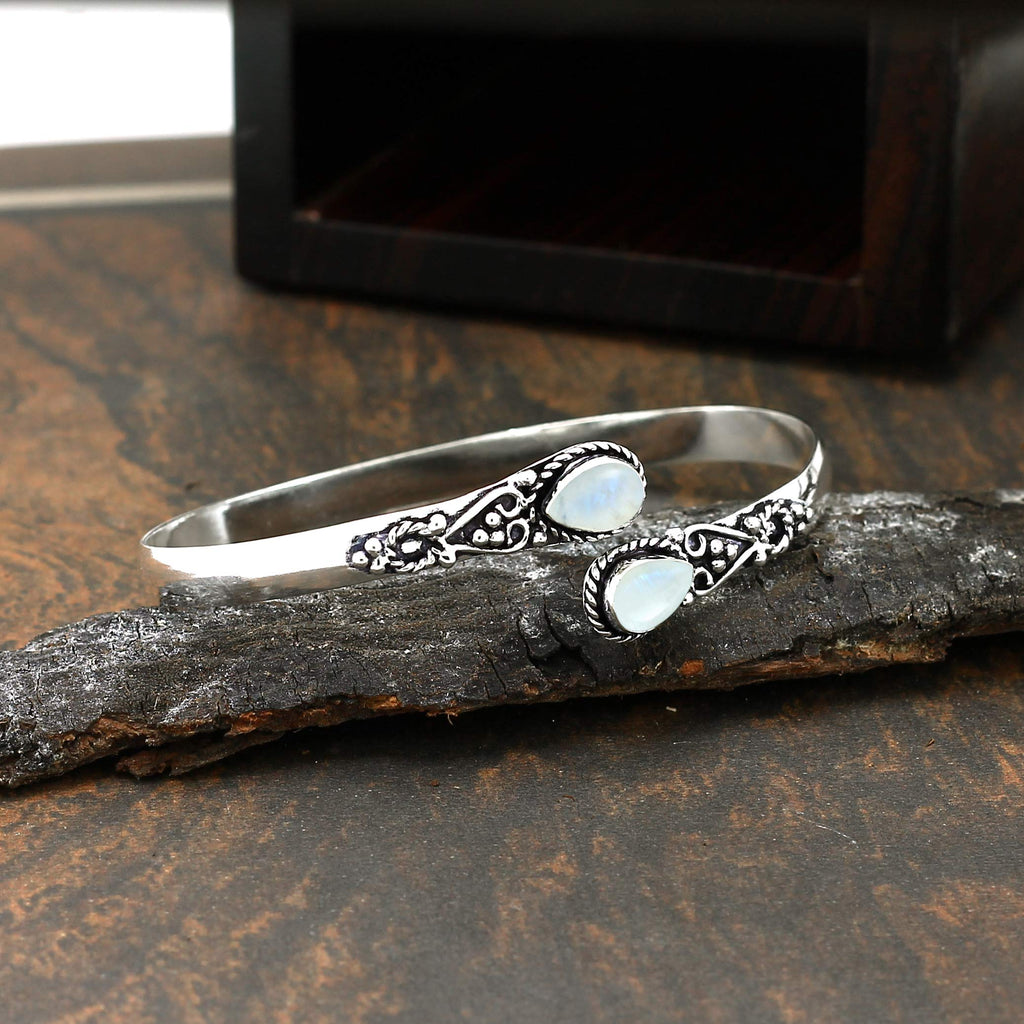 925 Silver Plated Natural Moonstone Cuff Bracelet for Women