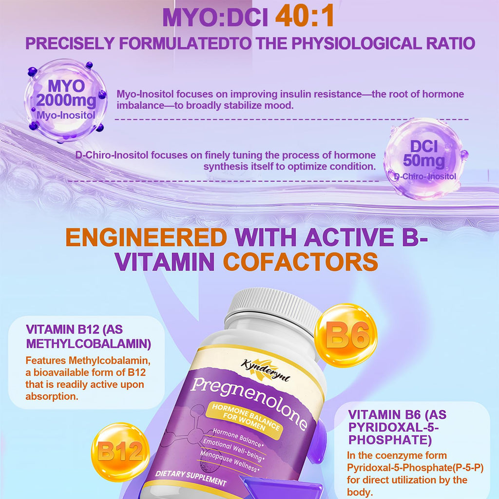 Kynderynl Pregnenolone with Ashwagandha for Women, Pregnenolone 100mg (2 Tablets) or 50mg (1 Tablet) Dose, 8-in-1 Formula with DHEA, Black Cohosh, Dual-Dosing, Vegan, Gluten Free, 90 Chewable Tablets